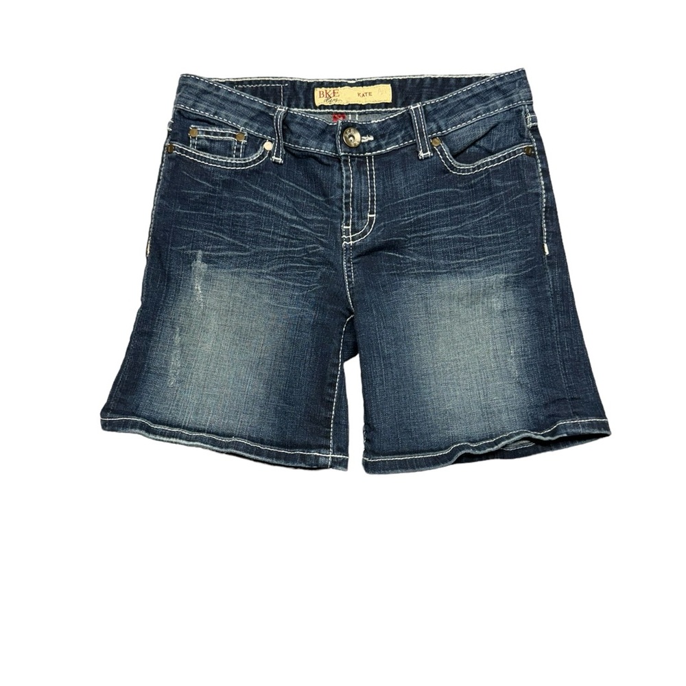 BKE Kate Jean Shorts Womens Size 27 Mid Rise Blue Denim Buckle 6" Casual Stretch